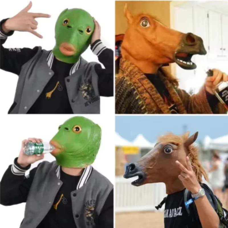 Funny Green Fish Shape Mask in latex, Green Fish Copricapo, Brown Horse Mask for Man, Cosplay Mask, Halloween Events Accessories
