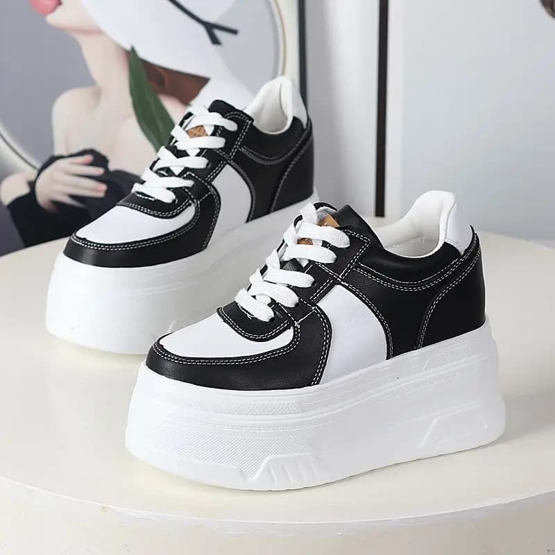 High Platform Shoes Women New 2026 Autumn Chunky Sneakers Designer Thick Sole Leather Sports Shoes Breathable Sneakers Woman