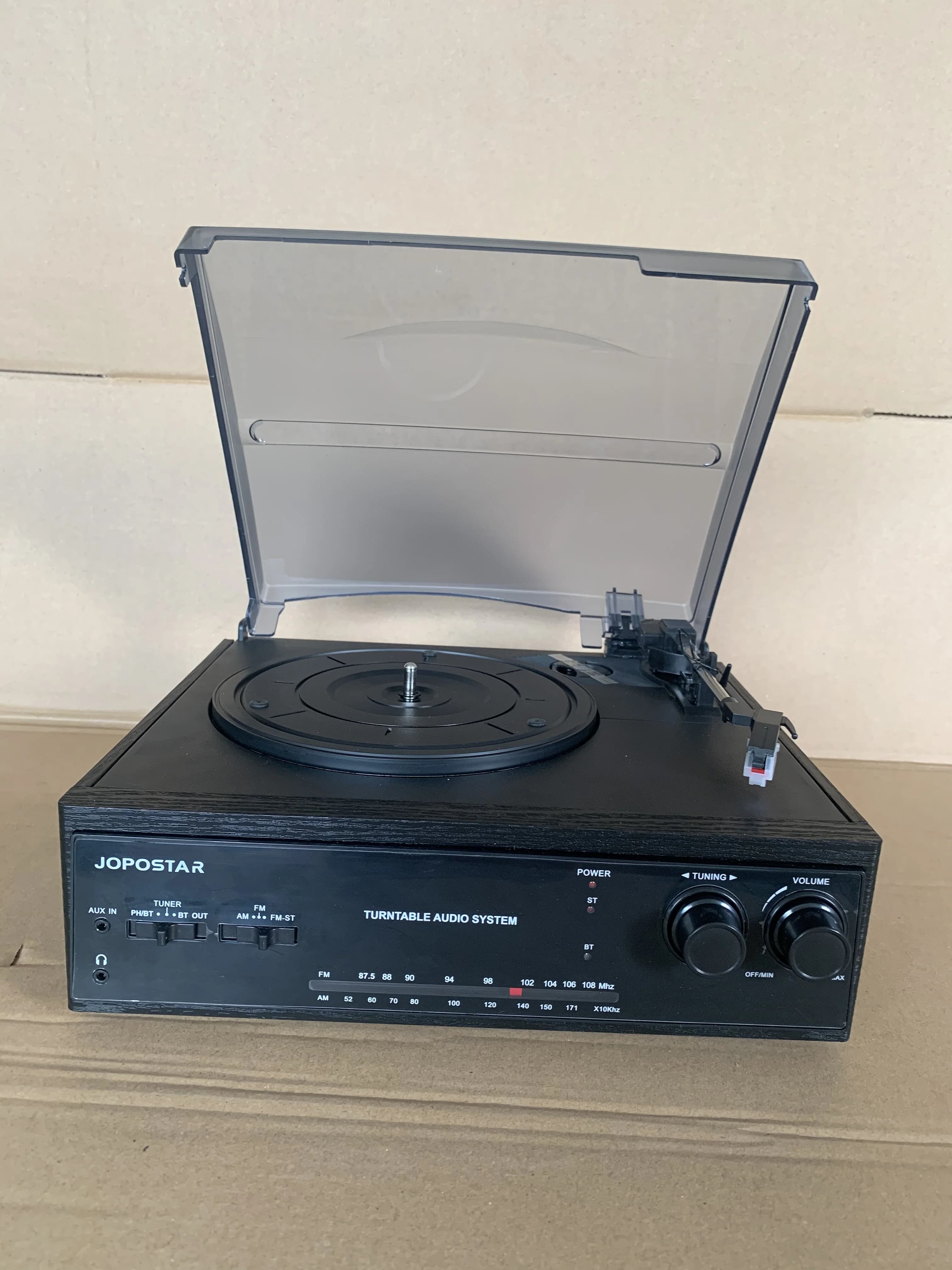 Vinyl record player, phonograph two-way bluetooth wooden case, radio speaker aux headphone hole