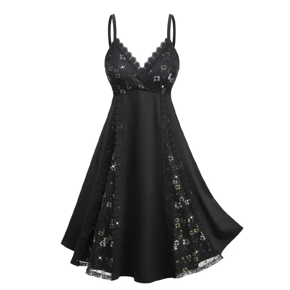 ROSEGAL Plus Size Doratura Pizzo floreale Paillettes Patchwork Surplice Cami Dress Abito da sera elegante senza maniche nero da donna
