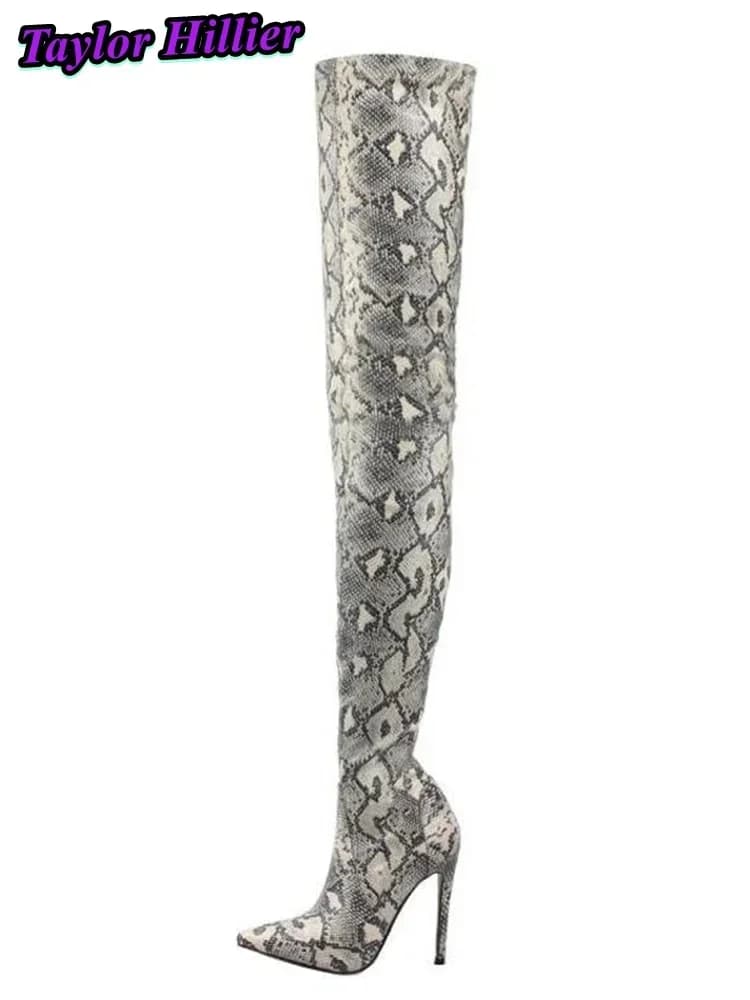 Stivali modello serpente Donna Punta a punta Botas Tacchi alti a spillo Grigio sopra il ginocchio Rosso Pull On Scarpe primavera estate Taglie forti