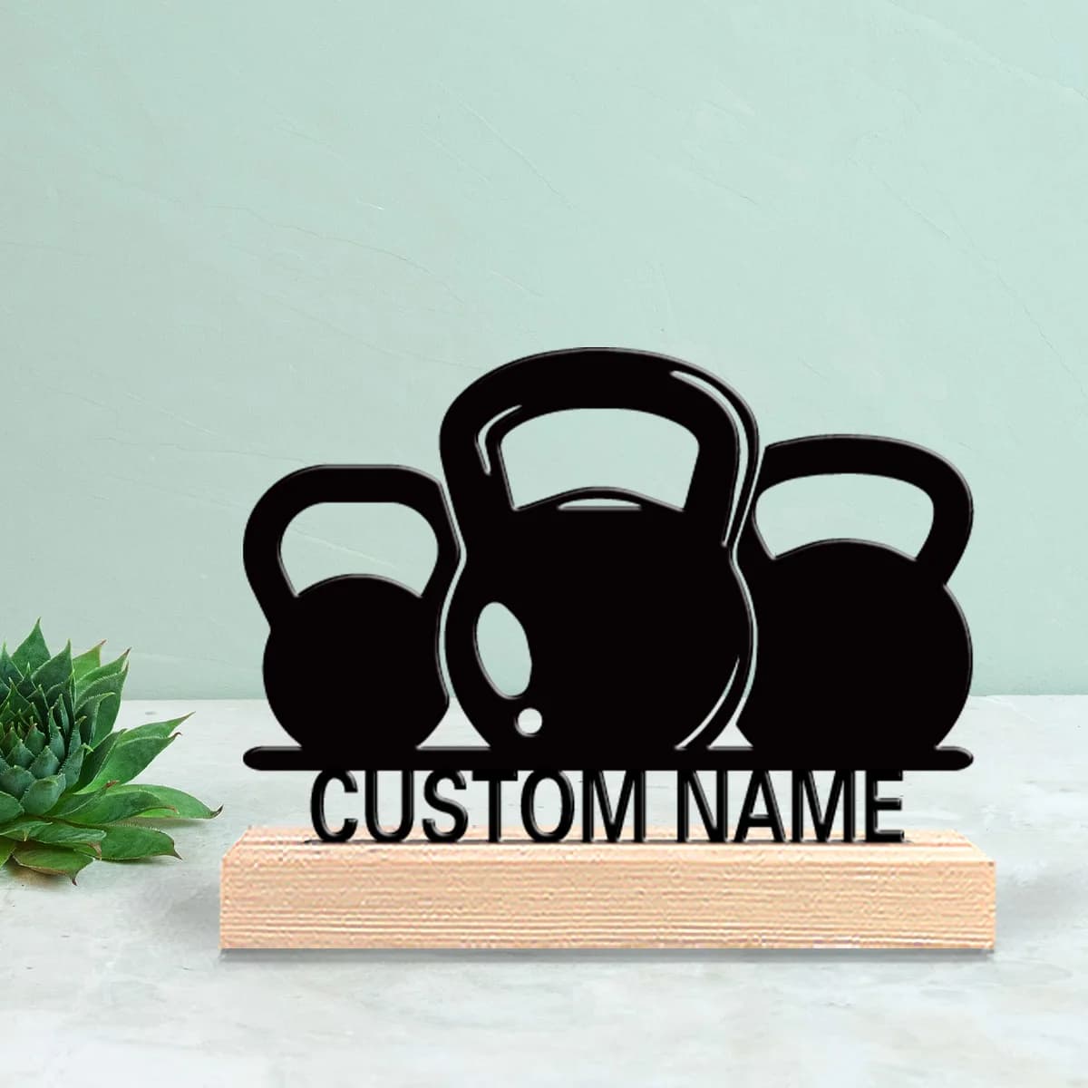 1pc Simple kettlebell Custom Name Tin Statue Metal Ornament Art Figurine With Wood Base Iron Statue With Wood Base Home Table