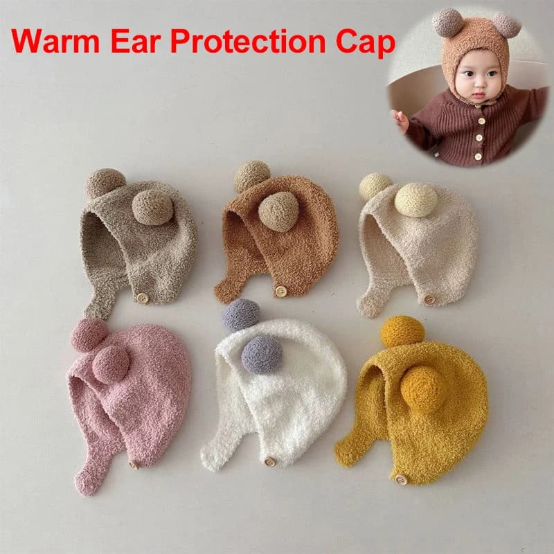 Cute Winter Warm Kids Girl Boys Baby Hats Fleece Wool Hemming Caps with Ball Solid Wool Ear Protection Hats Soft Newborn Bonnet
