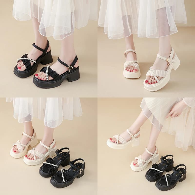 Sandali Eleganti con Tacco Alto e Perle per Donna, Nuova Collezione Estiva, Punta Rotonda, Tacco Spesso, Comodi e Open Toe