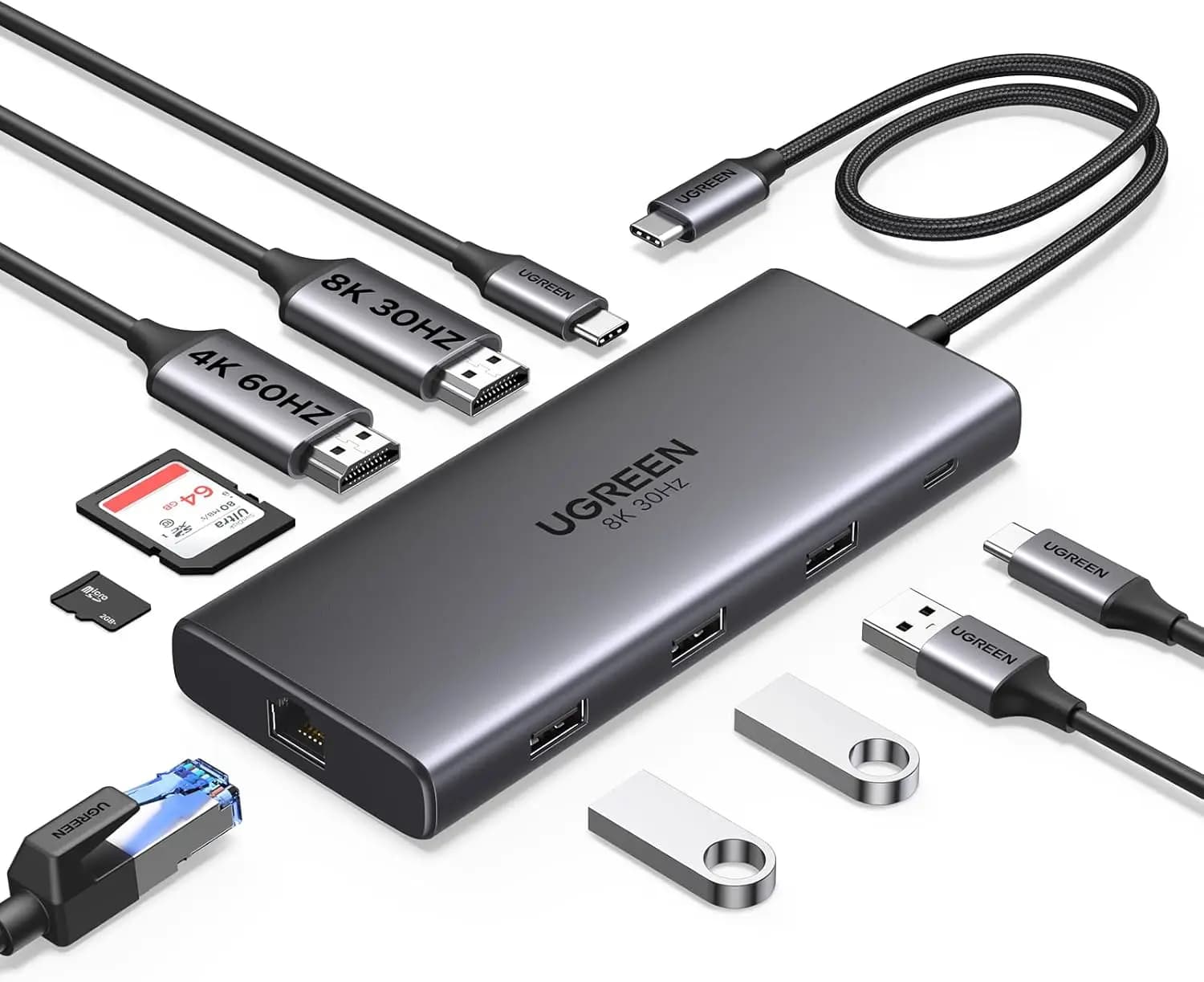 Docking Station USB C 10-in-1 con Doppio HDMI 4K@60Hz, Singolo 8K@30Hz, 100W PD, Dati 5Gbps, Ethernet Gigabit, Lettore Schede SD/TF per HP Dell