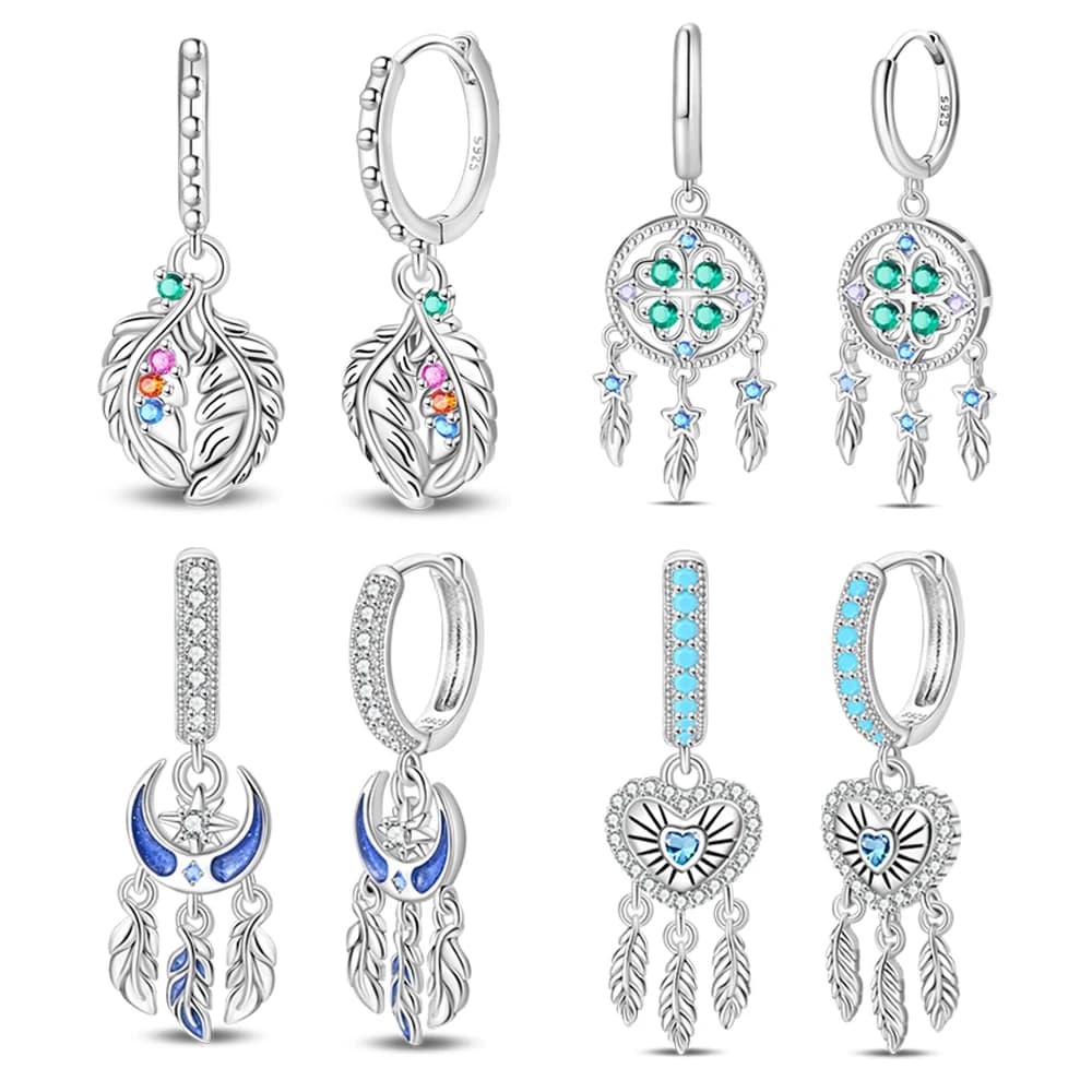 Elegant 925 Sterling Silver Lucky Dream Catcher&Star River&Blue Heart tassel Earrings Ladies' Ethnic Style Jewelry