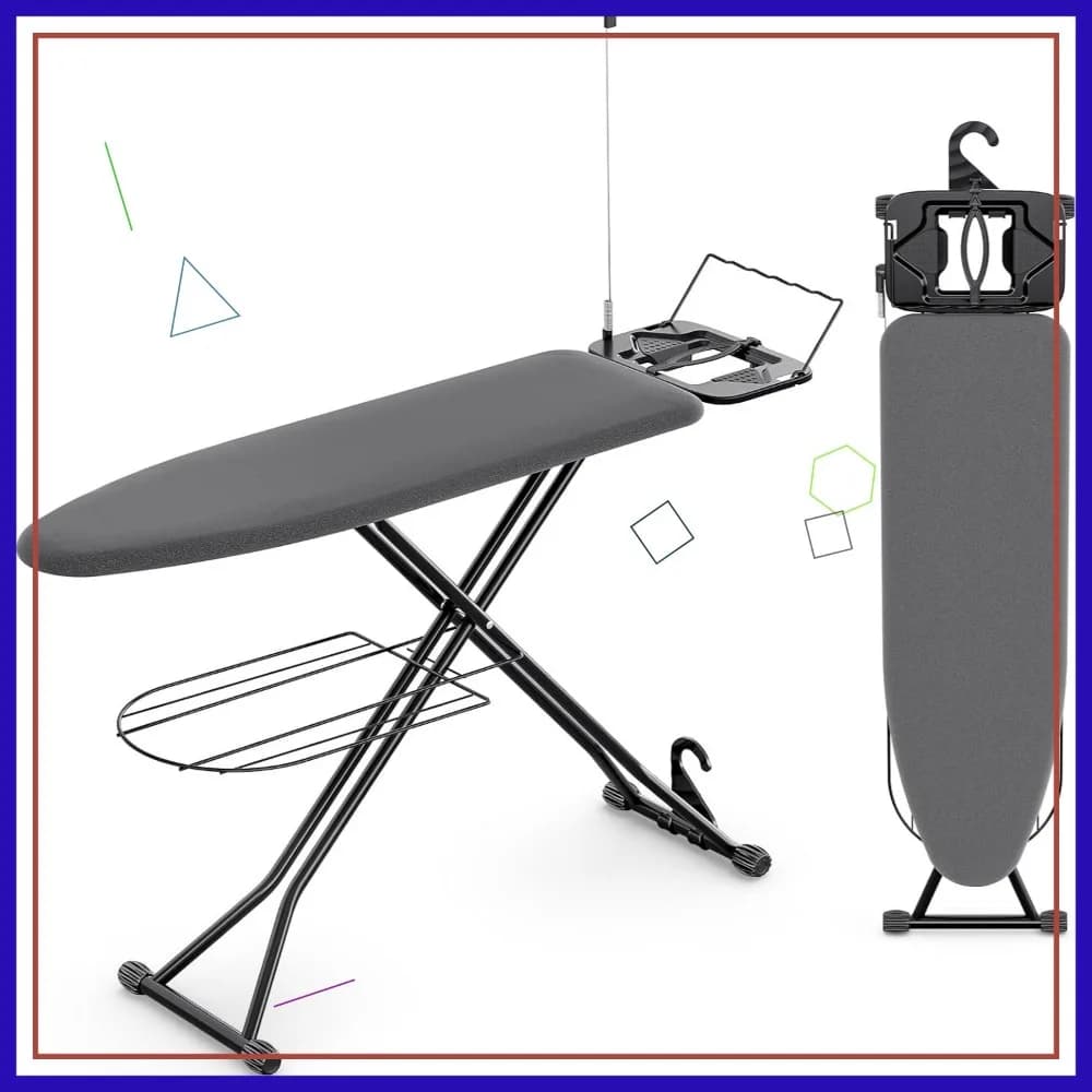 Asse da Stiro Compatta Full Size, 7 Altezze Regolabili con Supporto per Ferro e Piastra, Robusta con Vassoio Portaoggetti, 13x43 Nera