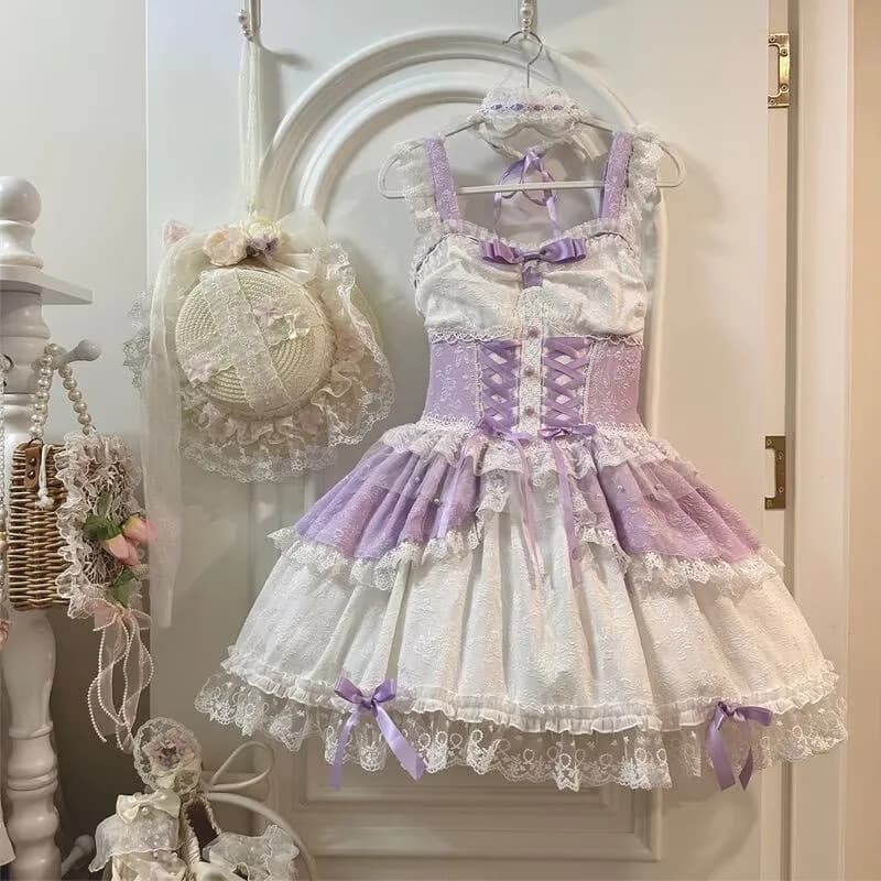 Abito JSK Lolita Dolce Giapponese da Donna, con Pizzo, Balze e Laccetti, Stile Principessa, Estetica Kawaii Y2K, Mini Abito Elegante con Corsetto