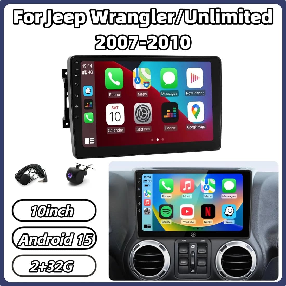 Autoradio Android 15 2+32G per Jeep Wrangler/Unlimited 2007-2010 con Carplay, Android Auto, GPS, Navigatore Satellitare, Bluetooth, Schermo 10 Pollici