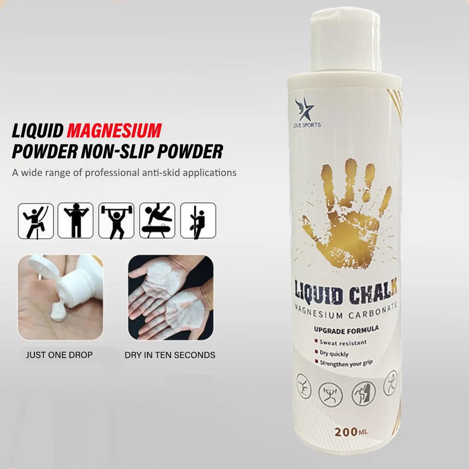 Crema Antiscivolo al Magnesio Liquido da 200ml per Fitness, Sollevamento Pesi, Pole Dance, Arrampicata e Palestra