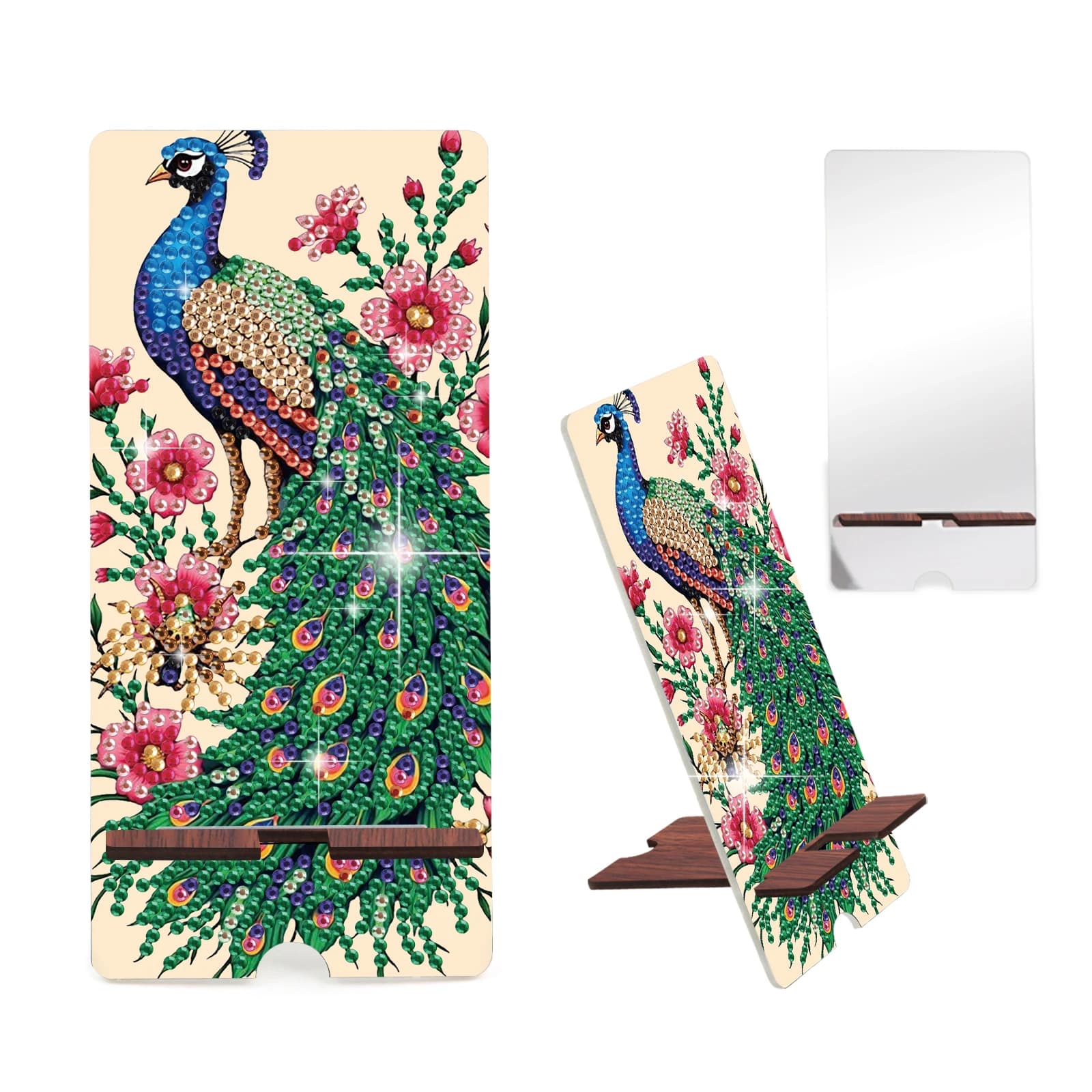 Kit supporto per telefono con pittura a diamante, supporto per telefono con arte diamante pavone verde e base a specchio per regalo di decorazione creativa fatta a mano