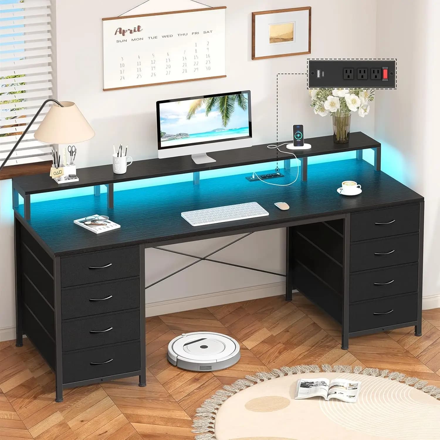 Scrivania da Gaming 60 Pollici con 8 Cassetti, Luci LED, Prese di Corrente, Supporto Monitor, per Casa e Ufficio, Nera, Personalizzabile