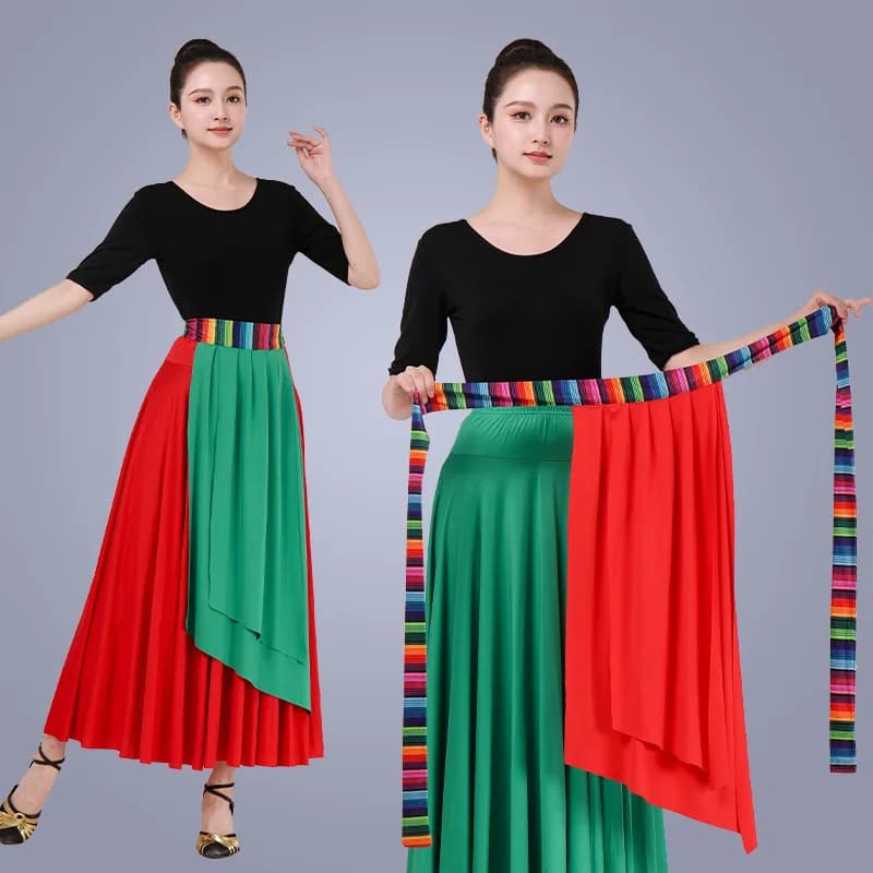 Costume da spettacolo di danza tibetana personalizzato della nazione cinese, grembiule monopezzo, gonna a nastro arcobaleno, cintura di danza del ventre
