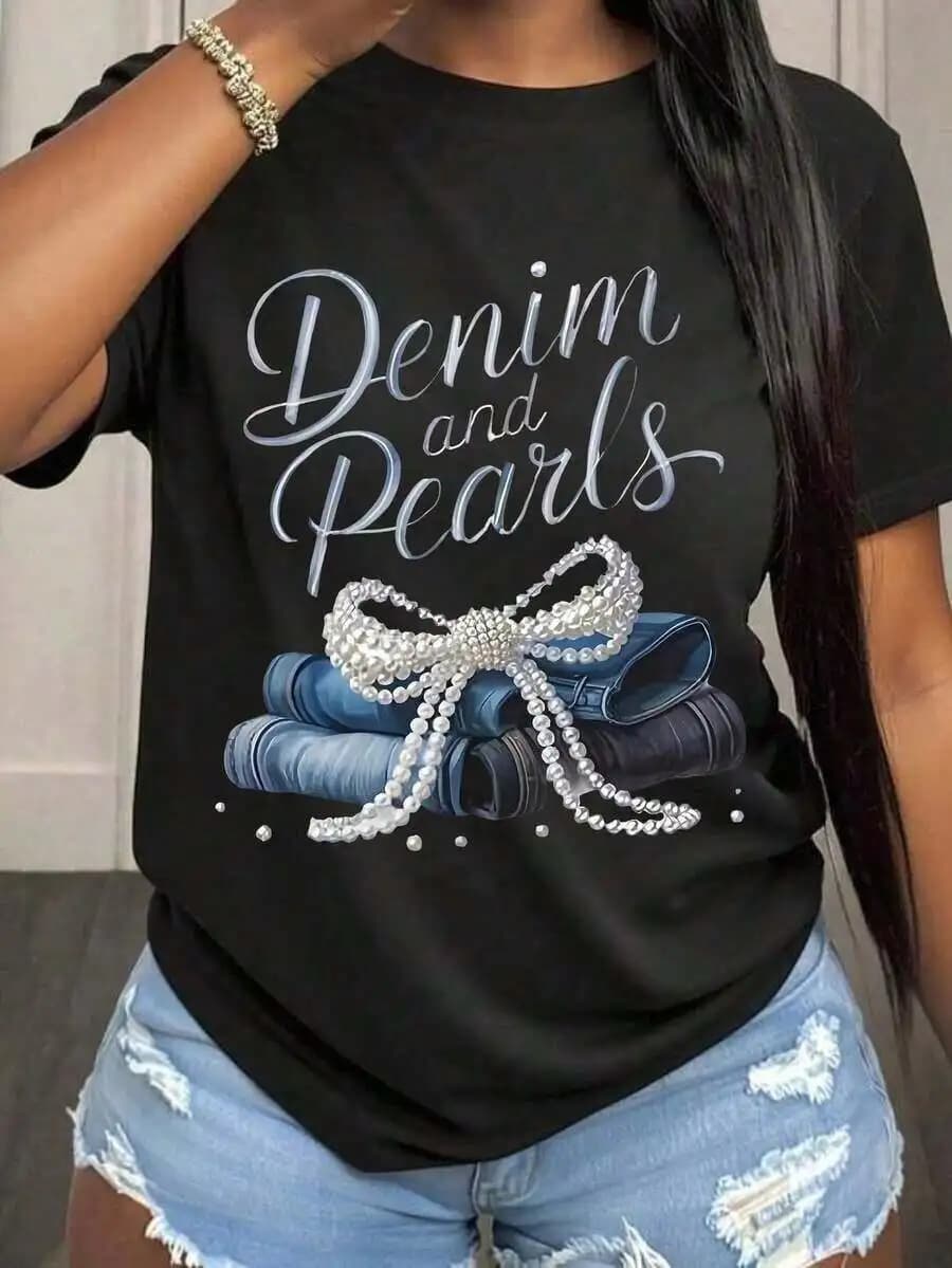 Womens Denim And Pearls Bow Print T-Shirt Casual Summer Top