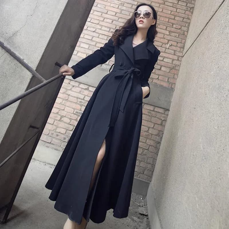 Trench formale nero coreano con cintura sottile da donna, giacca a vento lunga per il tempo libero, capispalla femminile, primavera, autunno, nuovo, 2023