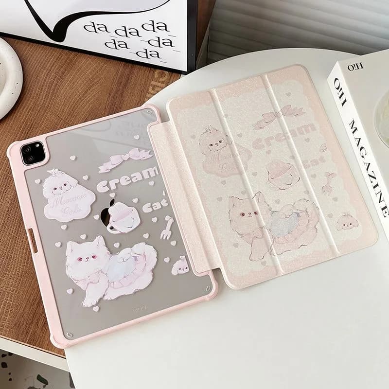 Korean Pink Cat Bow New Tablet Case For iPad Pro 11 12.9in 13 M4 9.7 10.2 5/6th 7/8/9 10 11th MINI 6 7 Air 5 6 7 Trifold Case