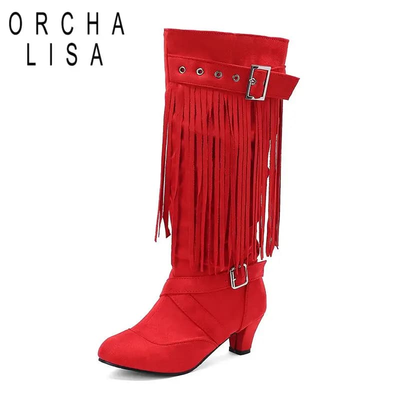 ORCHA LISA 2025 Flock Suede Female Tassels Boots Round Toe Block Heels 5.5cm Slip On Belt Buckles Big Size 43 44 45 Wedding Bota