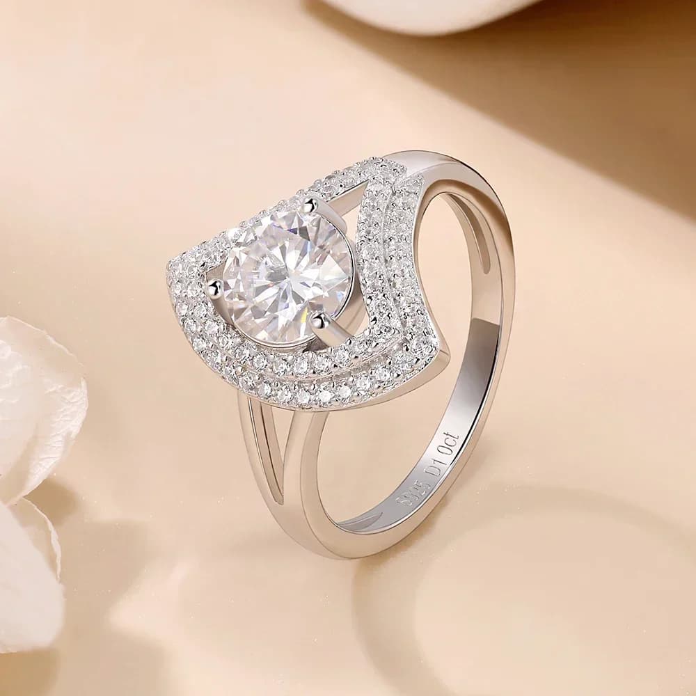 LinkerLove 1ct Moissanite Skirt Engagement Ring S925 Sterling Silver for Women 18K Gold Plated Diamond Wedding Band Fine Jewelry