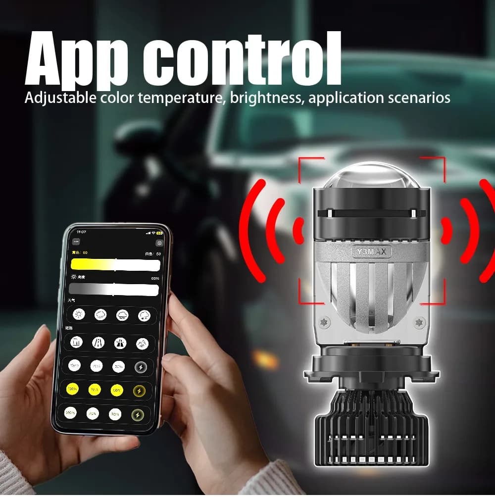 NUOVI Fari LED H4 Y3 APP con Lente Mini Proiettore 3000K-6000K, Dimmerabili a Controllo Wireless tramite App, Lampadina Hi-Low Beam