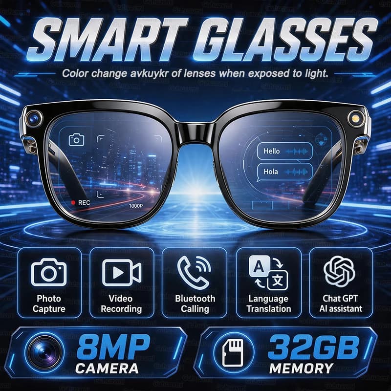 Occhiali Smart AI HD 2026 con 32GB di Memoria, Fotocamera da 800W, Scatta Foto, Registra Video, Chiamate, Assistente Vocale, Traduzione, Chat GPT, Occhiali da Sole
