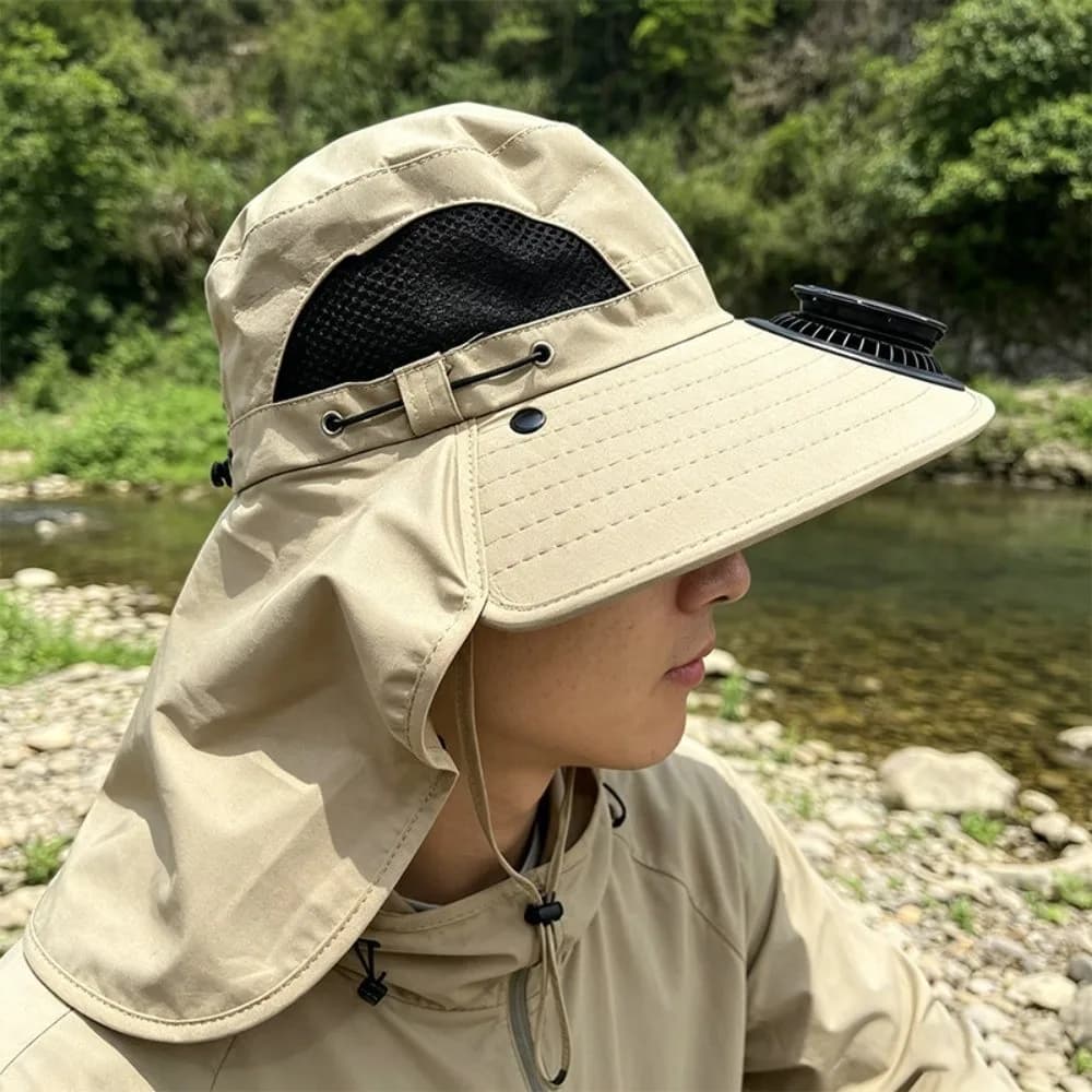 Cappello con Ventilatore Solare Ricaricabile Portatile a Lunga Durata con Sciarpa, Cappello Parasole da Pesca 300mA Regolabile per 3.7V/300mAh