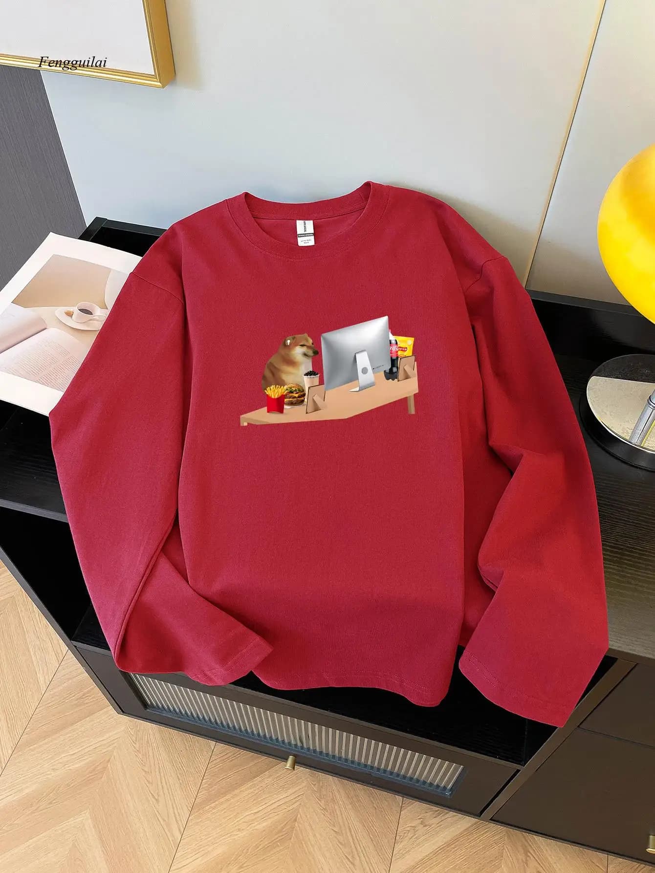 T-shirt casual girocollo a maniche lunghe con design stravagante per cani e laptop dei cartoni animati - Top invernale in cotone accogliente