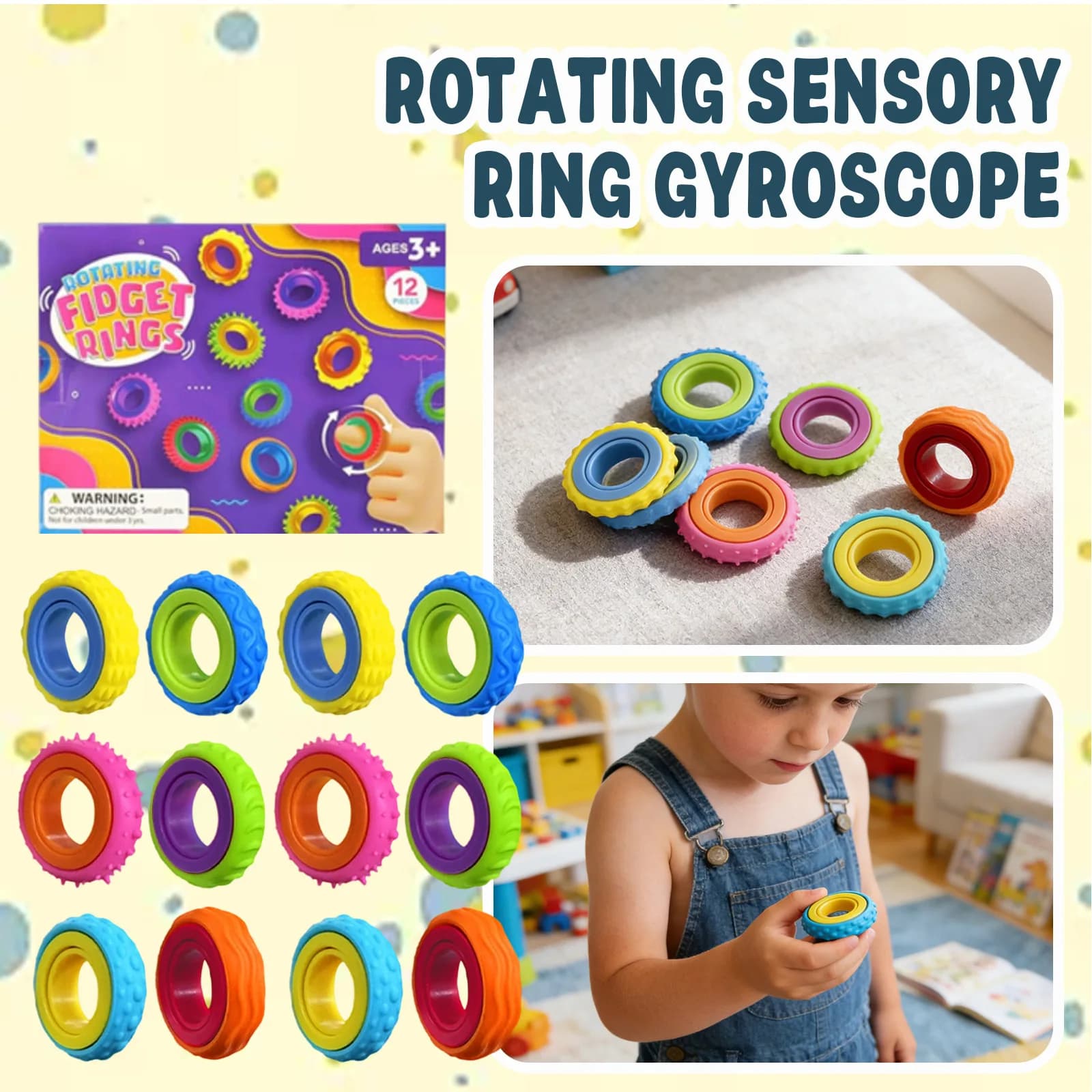 Anelli Sensoriali Rotanti Antistress, Giocattolo Giroscopico Colorato e Testurizzato, Spinner da Dito per ADHD, Ansia, Bambini e Adulti