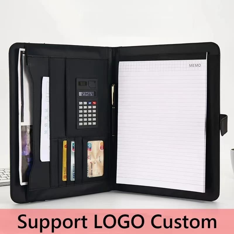 Cartella portadocumenti portatile A4 con calcolatrice Organizzatore Business Manager Cuscinetti per documenti per ufficio Valigetta Borsa padfolio con fibbia in pelle PU