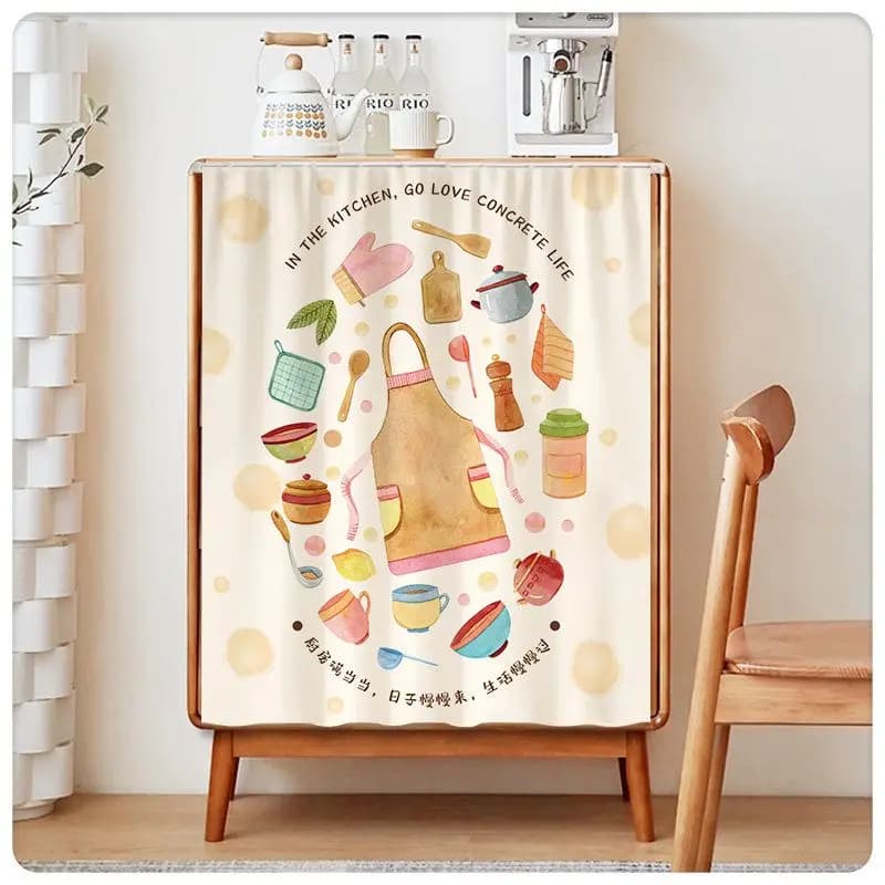 Cute Kitchen Cabinet Covering Curtain Cartoon Kitchenware Food Printing Waterproof and Dustproof Partition Curtain Home Decor