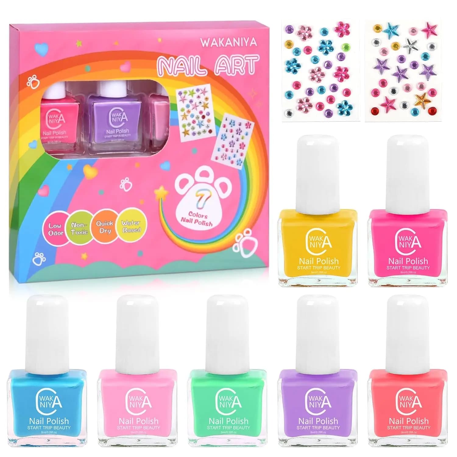 Kids Non Toxic Nail Polish Set with Gems Stickers, 7 Color Peel-Off Low Odor for Toddler