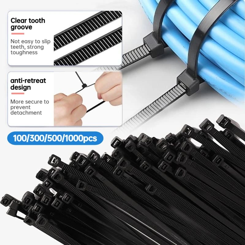 Fascette stringicavo in plastica nera multiuso, fascette stringicavo con fibbia rinforzata, fascette stringicavo in nylon autobloccanti multiuso