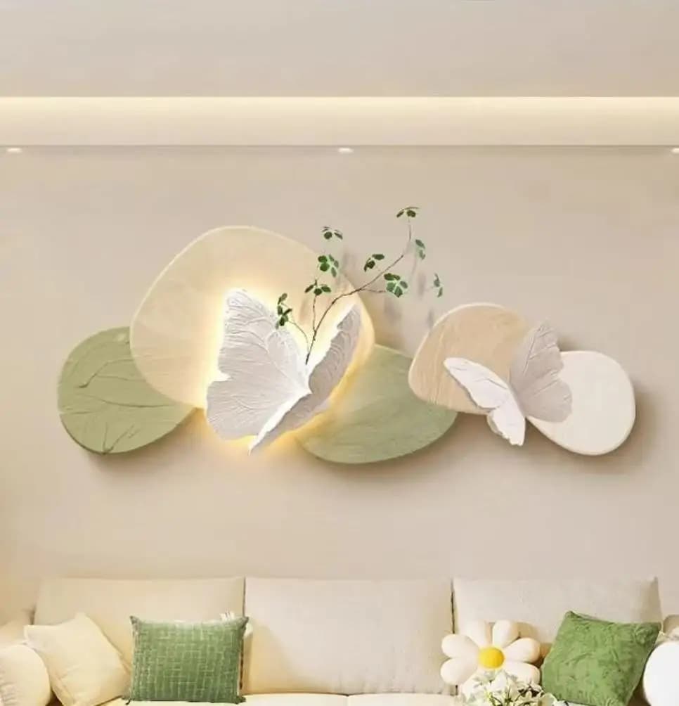 Living room decoration painting, butterfly sofa background, wall mounted painted lights, luxurious high-end wall lights