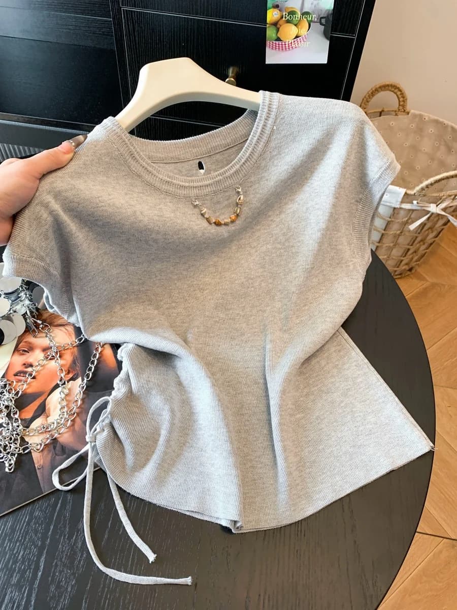 Korean Style round Neck Short Sleeve Knitted Top Women's Summer 2026 New Drawstring Waist Inlet Commute Style Grey Hoodie