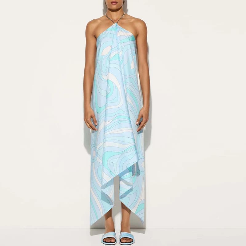 Abito lungo da donna elegante con scollo a V stampato con scollo a V Abito lungo senza maniche casual da donna per le donne Abito estivo da spiaggia