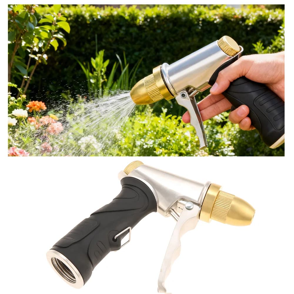 Ugello spray in metallo per tubo da giardino con impugnatura antiscivolo, filettatura standard universale da 3/4 di pollice per irrigazione esterna e pulizia auto