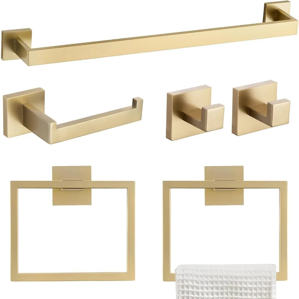 6-Piece Brushed Gold Bathroom Accessory Set: 23.6" Towel Bar, Ring, Coat Hook, Toilet Paper Holder, Wall-Mounted