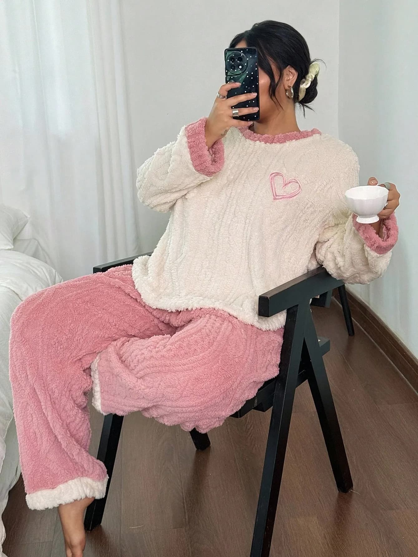 Plus Size 1XL-4XL Women Autumn Winter Thick Flannel Pajama Set Pajamas Heart Embroidery Warm Cozy Loungewear Set Homewear Pj Set