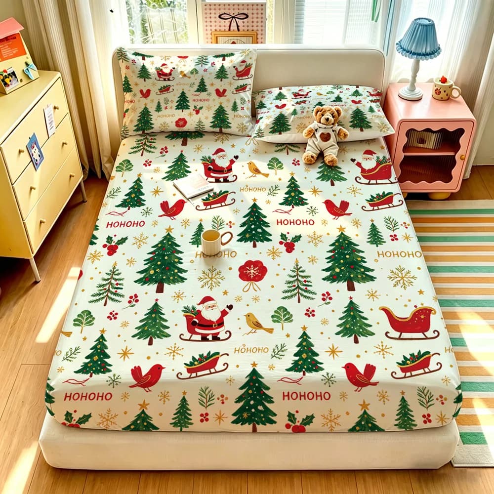 3pcs Merry Christmas Snowman Printed Chipless Bed Sheet Summer Set Multi Size Comfortable Bedding Decoration Machine Washable