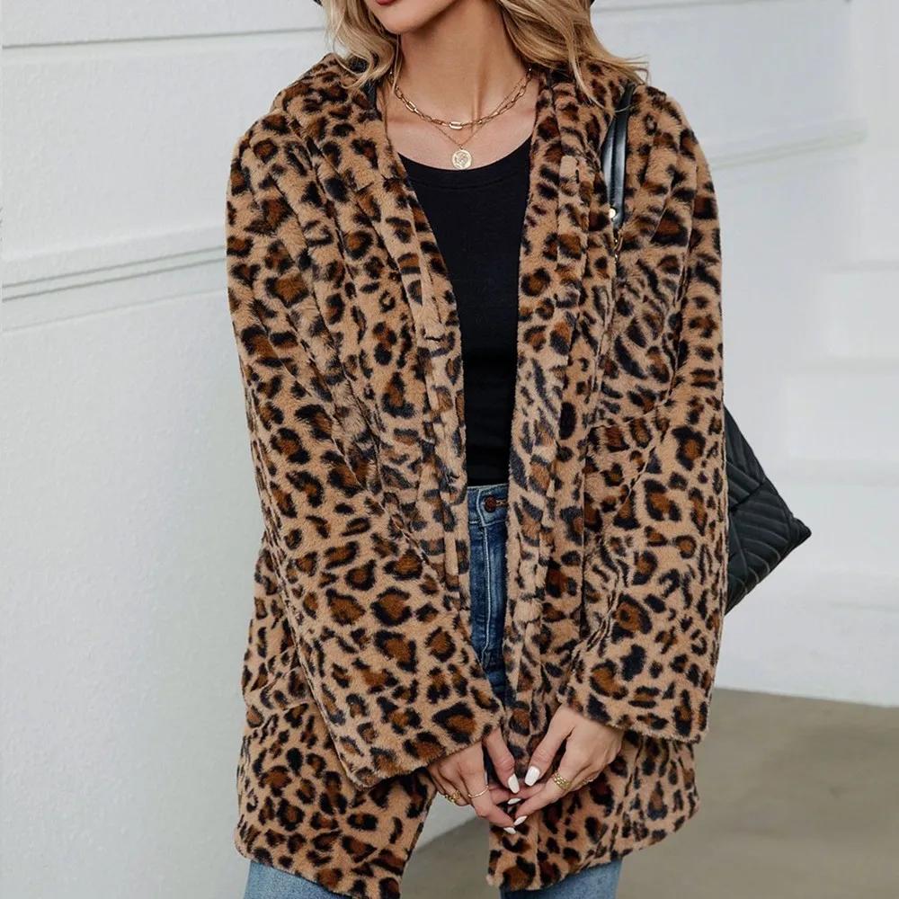 Women Furry Faux Fur Coats Jackets Fashion Leopard Printing Women Loose Fur Overcoat Autumn Winter Thick Warm Cardigan Clothes