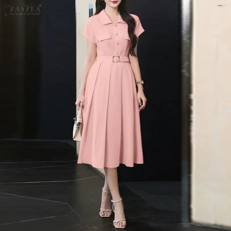 ZANZEA Abito midi elegante da donna con colletto, maniche corte, cintura, linea ad A, pieghettato, casual, per il lavoro, tinta unita, Robes Femme