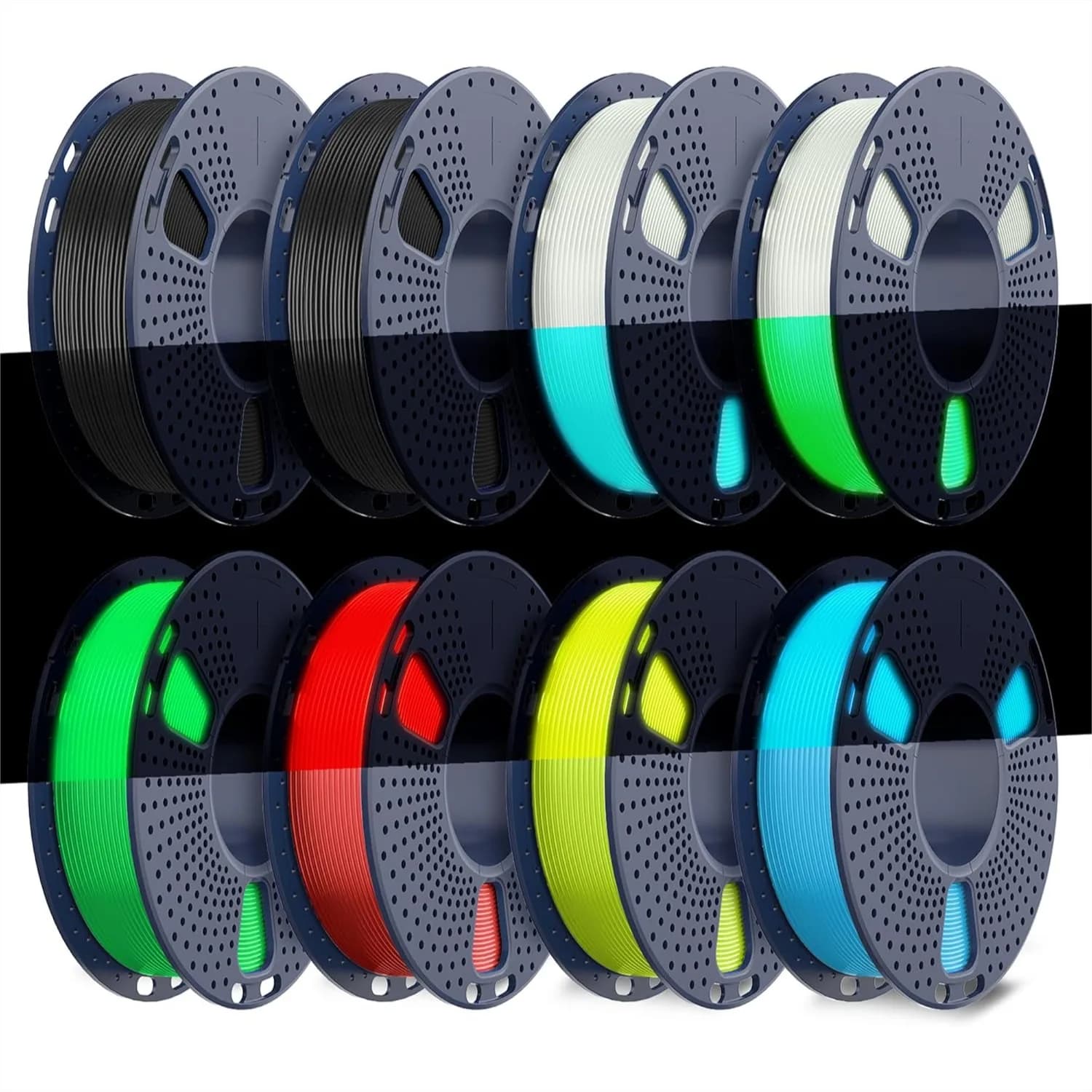 Filamento PETG Luminescente, Confezione da 8 Bobine da 250g, Filamento per Stampante 3D Avvolto Ordinatamente con Effetto Luminoso Blu/Verde/Rosso/Giallo