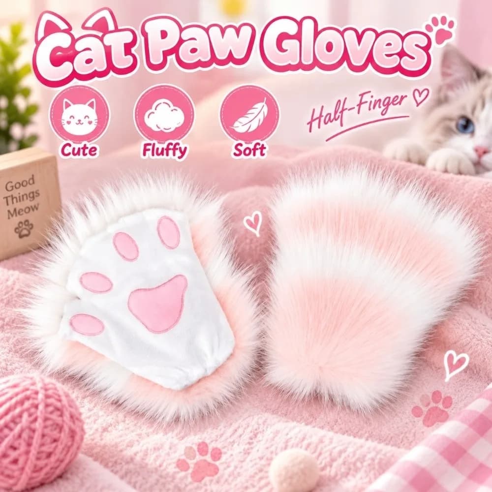 Catgirl Cute Cat Paw Gloves Furry Fluffy Cosplay Gloves Half-Finger Soft Animal Paw Accessories Halloween