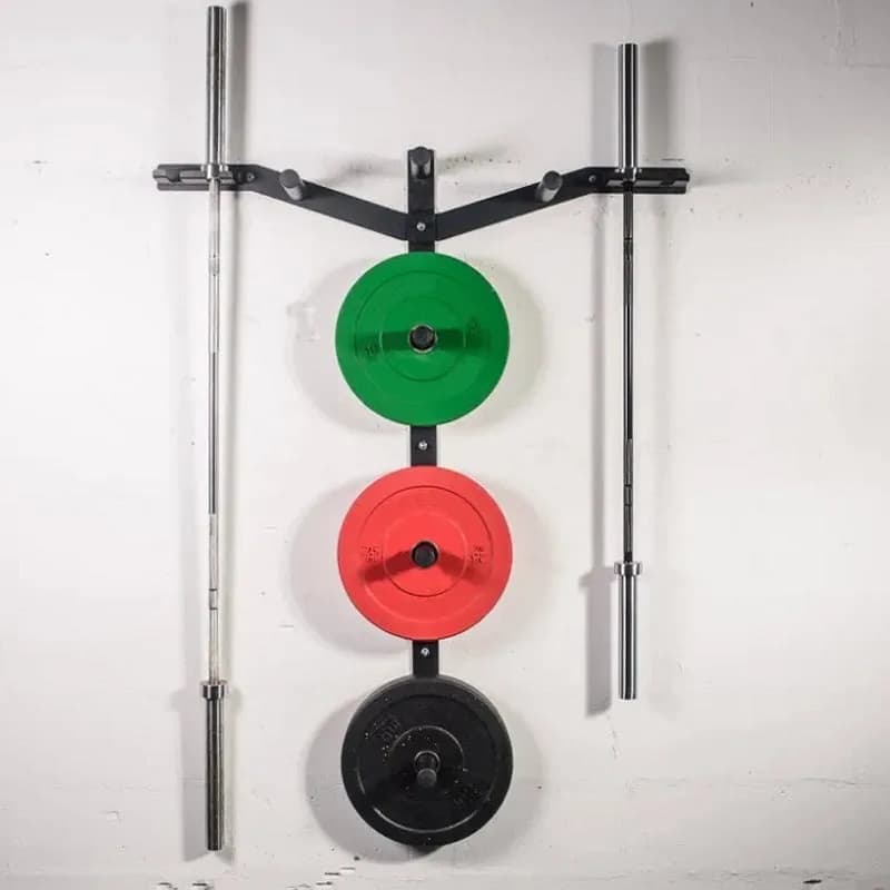 Support for gym bar and weight plate with multifunctional wall rack