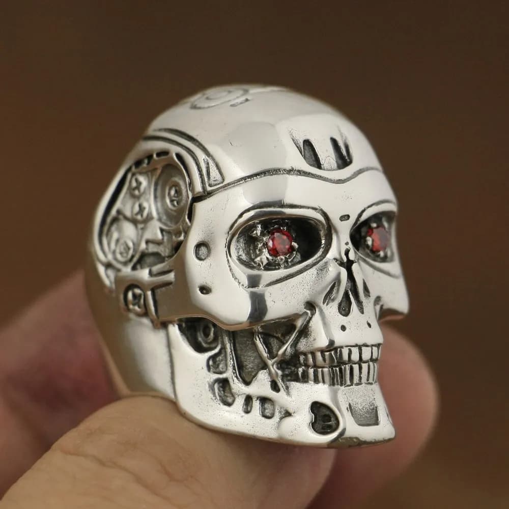 925 Sterling Silver Red CZ Eyes Terminator Ring Handmade Mens Biker Robot Ring TA80 US Size 8 to 13 BZ
