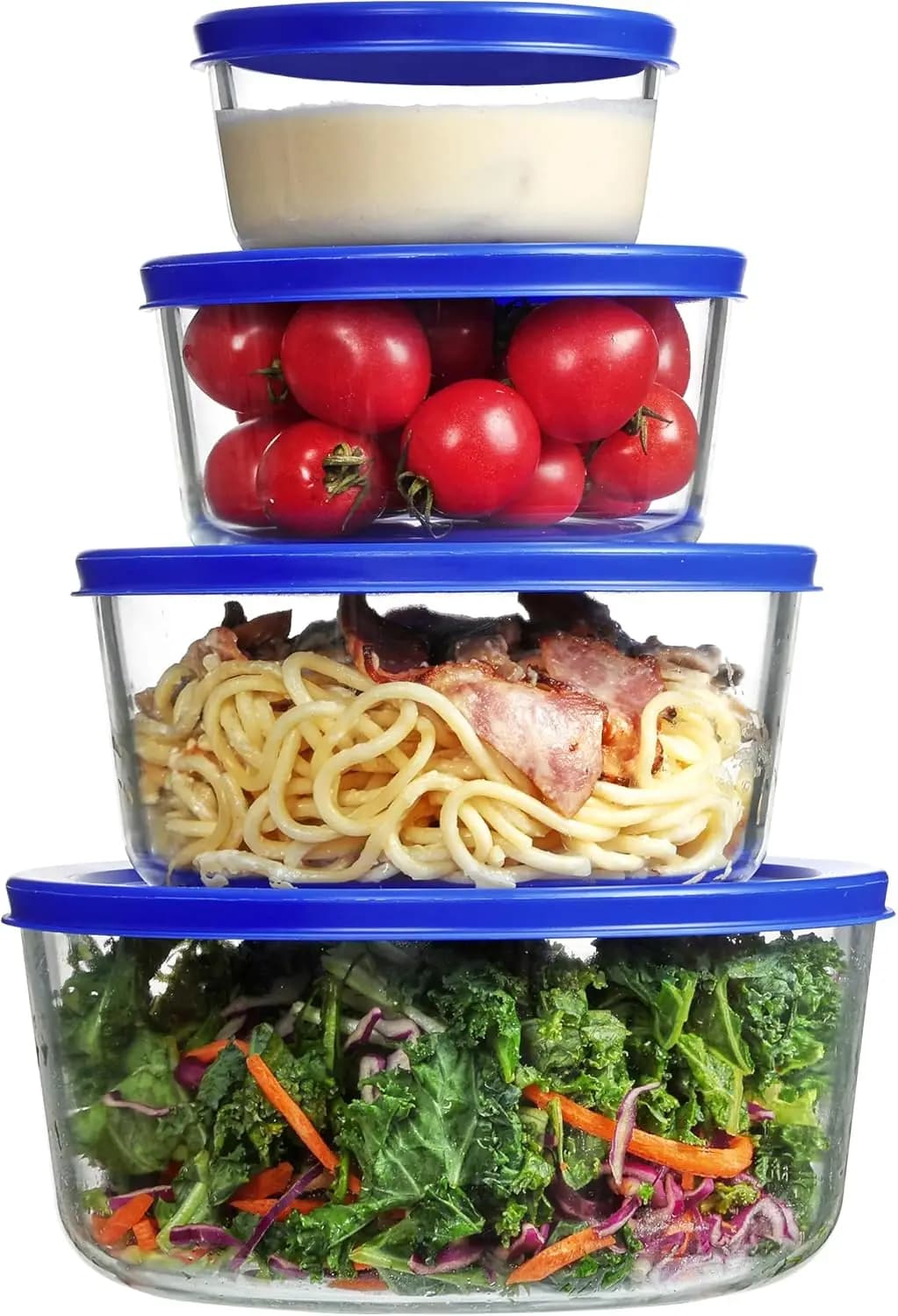 Set di 4 Ciotole in Vetro con Coperchi (1, 2, 4, 7 Tazze), Contenitori per Conservazione Alimenti, Adatti per Microonde/Lavastoviglie/Congelatore