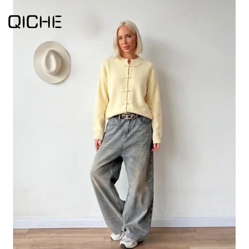 QICHE National‑Chic Women Knit Cardigan Chinese Style Loose Fit Long Sleeve Fashion Knit Outer Jacket