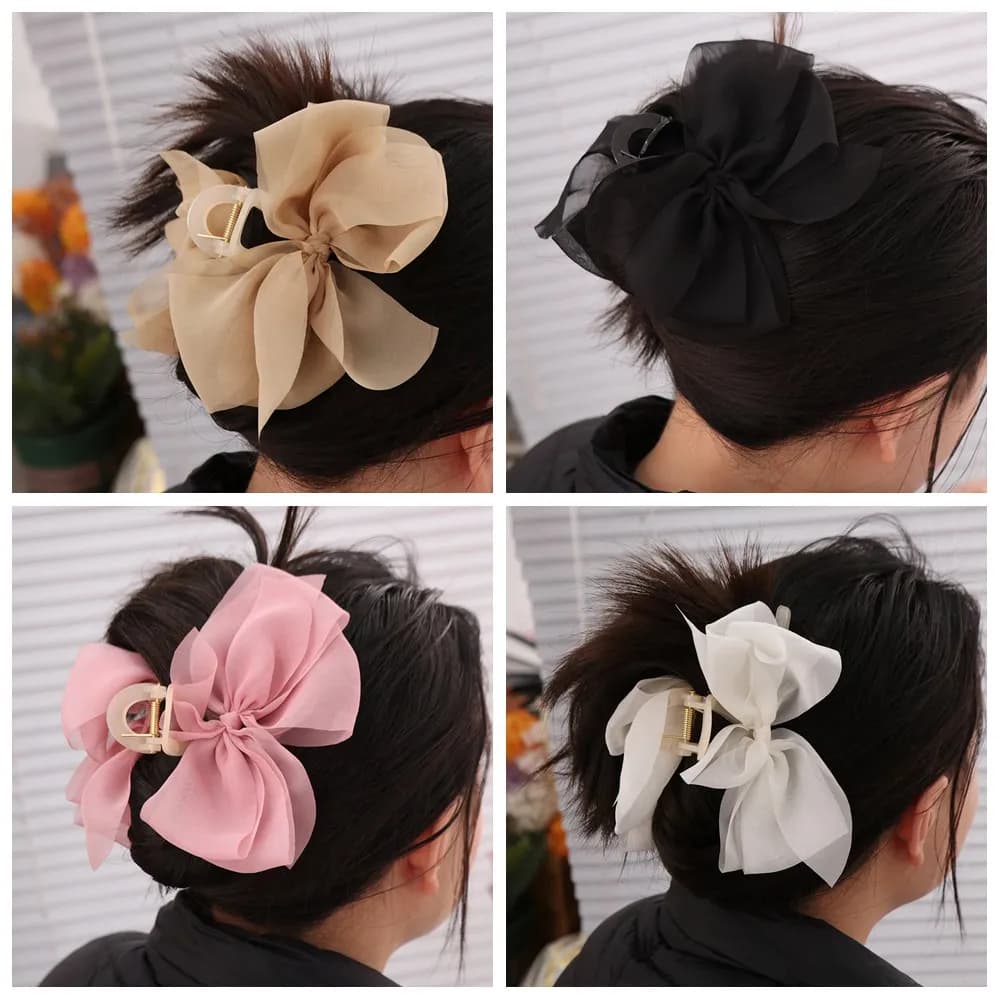Elegant Large Women Hair Claw Luxury French Style Chiffon Bow Shark Clip Sweet Temperament Hair Grab Hair Accessory
