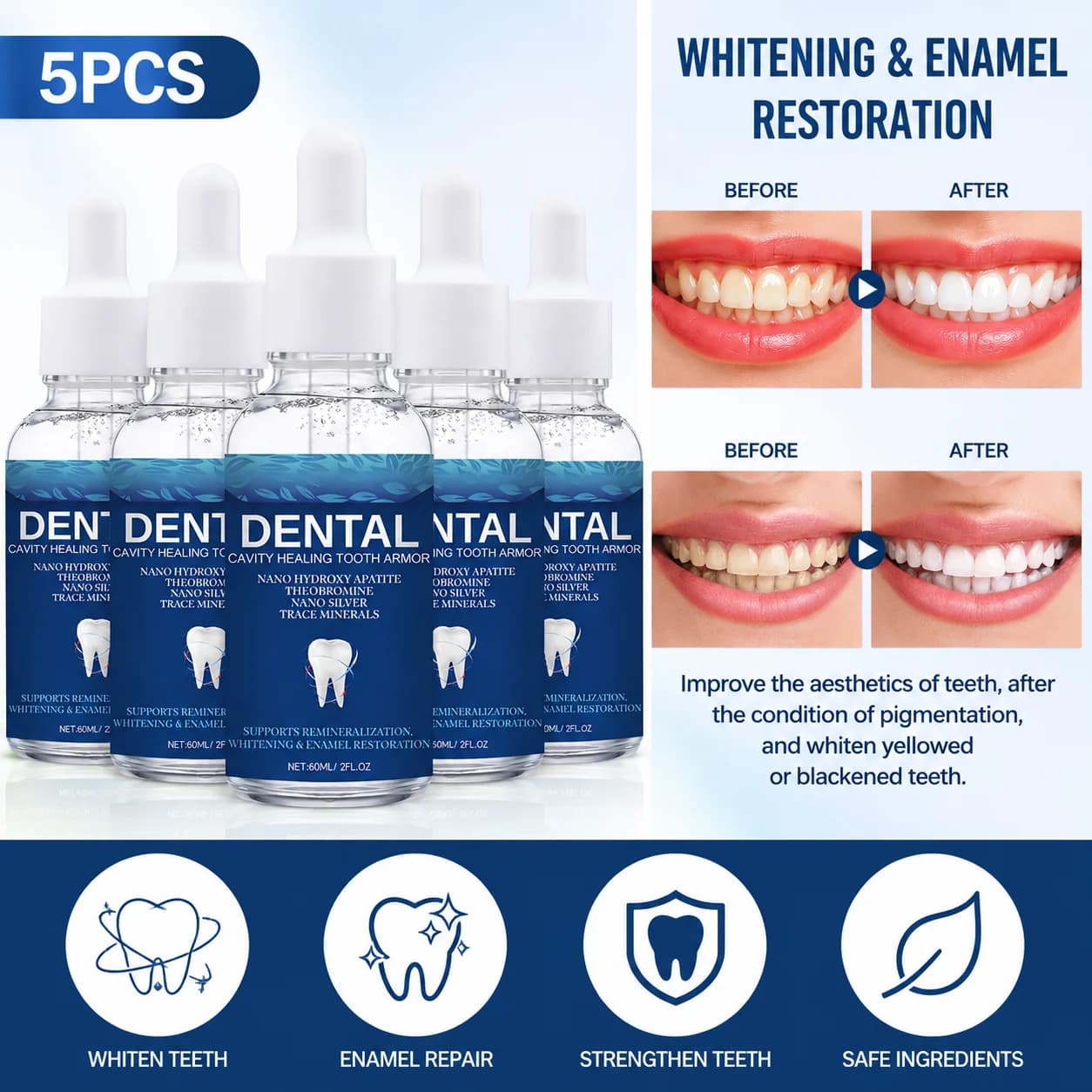Teeth Whitening Serum 60ml with Nano Hydroxyapatite Theobromine Nano Silver, Dental Care Liquid for Oral Health Tooth Cleaning