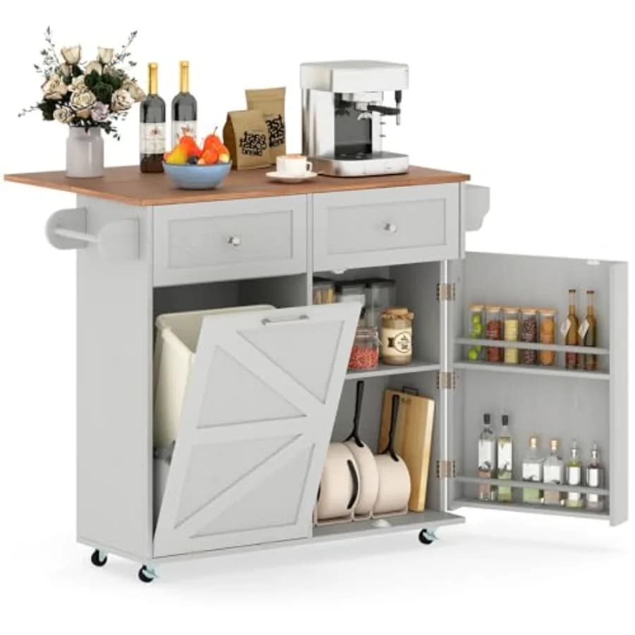 Kitchen Island Cart for cooking and dining areas, wood with grey and natural finish, hidden tilt-out trash can, drop leaf, 2 dr