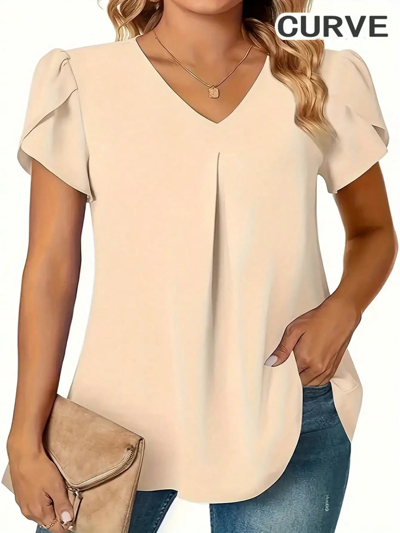 Plus Size 0XL-5XL Women's Shirt with V-neck Solid Color Women's Casual Shirt Long Sleeves Wide and Simple